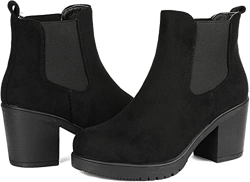 DREAM PAIRS Women's High Chunky Heel Chelsea Ankle Boots Slip On Elastic Fall Heeld Booties Shoes, Size 11, Black, FRE