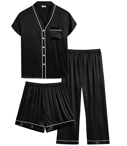SWOMOG Womens 3 Piece Silk Pajamas Set Short Sleeve Loungewear with Long Pant Comfy Satin Holiday Lounge Sets Navy Blue