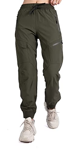 Singbring Women's Athletic Hiking Cargo Joggers Pants Outdoor Lightweight Workout Quick Dry UPF 50 Zipper Pockets (AGreen88-XS)
