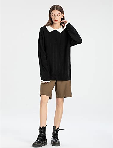 Minibee Women's Pan Collar Knitted Sweater Casual Pullover Sweatshirt Style1 Black M