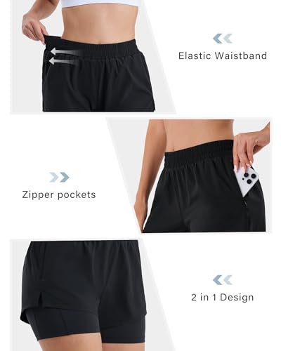 Stelle Women's 2 in 1 Running Shorts Athletic Workout Gym Shorts High Waisted Shorts with Liner Zipper Pockets (Black, X-Small)