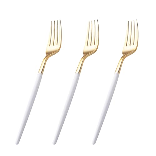 I00000 144 Plastic Forks, Disposable Flatware with White Handle, Look Like Gold Cutlery for Party Wedding