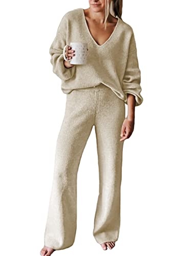 Viottiset Women's 2 Piece Outfits Sweater Sets Lounge Set V Neck Knit Top Wide Leg Pants Sweatsuit Purple Grey M