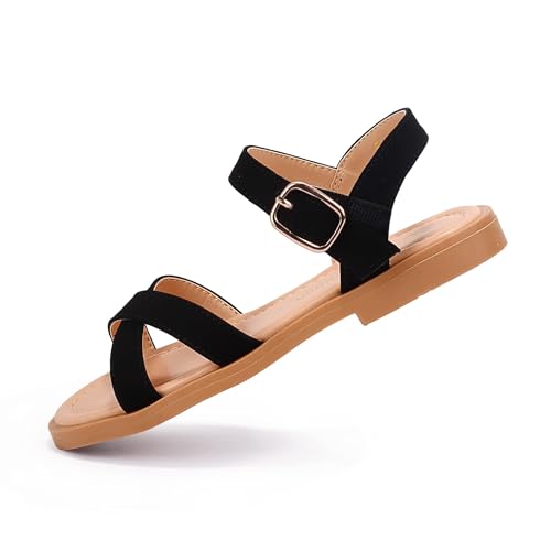 PANDANINJIA Elva Girls Sandals Open Toe Cute Flats Dress Sandals Cross Strappy Summer Shoes Toddler/Little Kid/Big Kid (Tan Pu, 12 M US Little Kid)