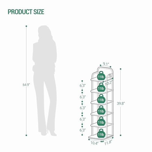 Hzuaneri Vertical Shoe Rack, Shoe Shelves, Wood Shoe Organizer for Closet, Entryway, Shoe Tower for Small Spaces, Free Standing, Adjustable, with 2 Hooks, 6 Tier Black SR04204B