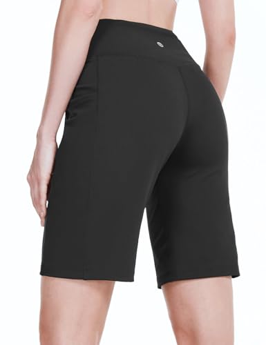 baleaf Women's 10" Long Bermuda Shorts Knee Length with Pockets Walking Athletic Workout High Rise Yoga Running Black S
