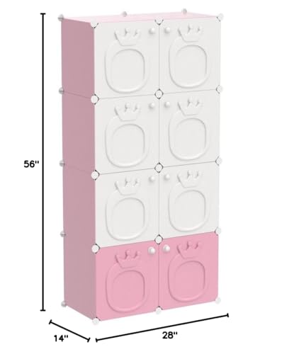 MAGINELS Kids Wardrobe Closet,Baby Closet Cabinet with Door.Baby Girls Closet Armoires Organizer for Bedroom.The Open Hanging Children Costume Area and 6 Cube Stroage.Pink(28x14x56inch)