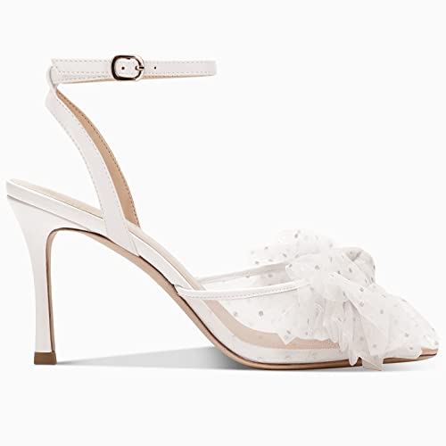 Coutgo Womens Bow Tie Heels Sandals Slingback Peep Toe Wedding Heels Mesh High Stiletto Heel Summer Cute Wedding Bridal Shoes White