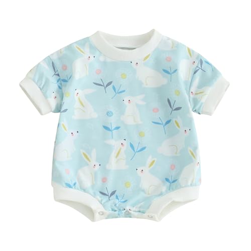Infant Baby Girl Boy Easter Outfit Cute Bunny T Shirt Romper Oversized Bubble Onesie Floral Short Sleeve Bodysuit (Blue White Rabbit Print, 0-3 Months)