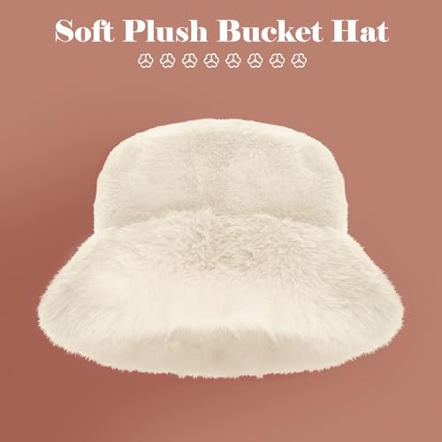 Yonchic Winter Soft Faux Fur Plush Bucket Hat, Lovely Fuzzy Fisherman Cap, Fashion Outdoor Thick Warm Sun Cap for Women (Beige)