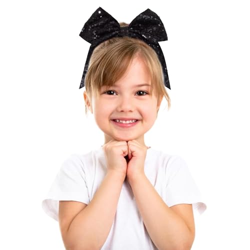 12 Pieces 8 Inch Black Cheer Bows Glitter Jumbo Cheerleading Bow with Elastic Ponytail Holder Bow Hair Tie Band Hair Accessories for School Girls Toddlers