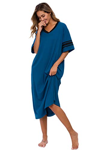 Vslarh Women's Nightgown Long Loungewear Short Sleeve Sleepshirt V Neck Pajama Dress with Pockets S-3XL