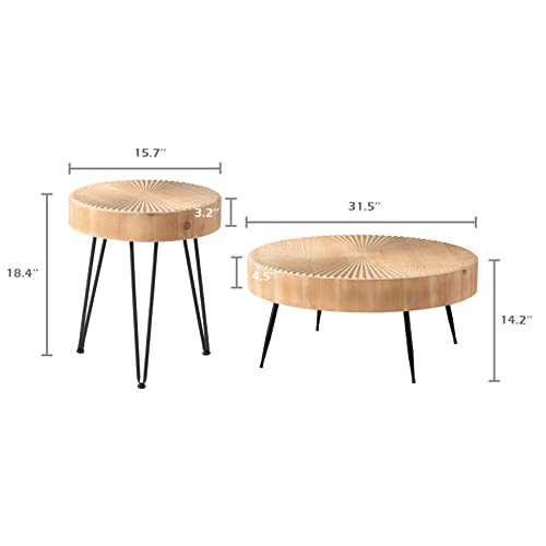 LONYKE 2-Piece Farmhouse Nesting Table Round with Handcrafted Wood Radial Pattern, Modern Coffee Table Set for Living Room
