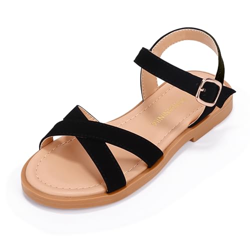 PANDANINJIA Elva Girls Sandals Open Toe Cute Flats Dress Sandals Cross Strappy Summer Shoes Toddler/Little Kid/Big Kid (Tan Pu, 12 M US Little Kid)