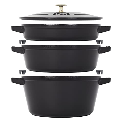 STAUB Cast Iron Set 4-pc, Stackable Space-Saving Cookware Set, Dutch Oven, Skillet, Grill Pan & Ceramic Baking Dish Set, 3pc, Cherry