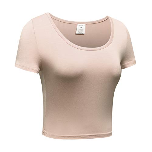 OThread & Co. Women's Basic Crop Tops Stretchy Casual Scoop Neck Cap Sleeve Shirt (Medium, Peach Pink)
