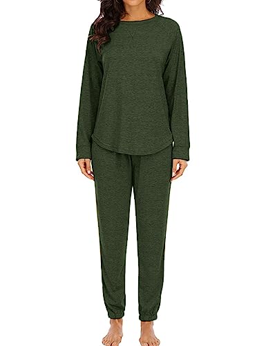 Cysincos Womens Sweatsuits 2 Piece Outfit Sweatpants Loungewear Jogger Pajama Set Long Sleeve Pullover Drawstring Pants Dark Green M
