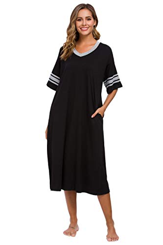 Vslarh Women's Nightgown Long Loungewear Short Sleeve Sleepshirt V Neck Pajama Dress with Pockets S-3XL