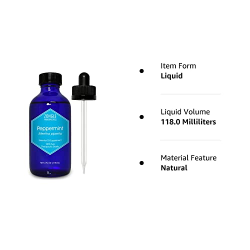 Pure Peppermint Oil by Zongle – 100% Pure Natural, Therapeutic & Food Grade for Baking, Hair, Diffuser, Skin, Edible, Beard, Cooking, Candy, Ingestion, Stomach, Digestion, Teeth, Oral Use– 4 OZ