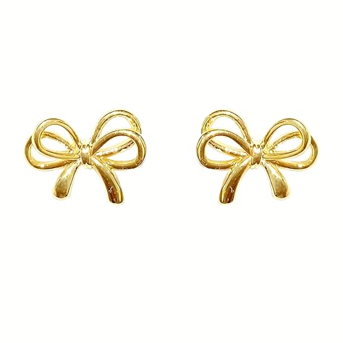 S925 Bow Earrings for Women Trendy, Small Cute Statement Ribbon Stud Earrings for Women Gold