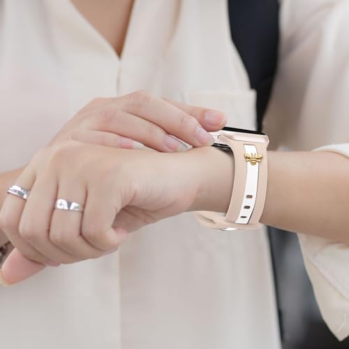 Silicone Strap for Apple Watch Band 44mm 45mm 42mm, Stylish Bracelet with Cute Rose Gold Bee Charms for iWatch Series 10 9 8 7 6 5 4 3 SE, Designer Sport Wristbands for Apple Watch Bands Women Pink
