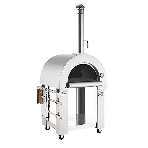 Empava Wood Fired Pizza Oven for Outside Stainless Steel Artisan Grill with Stand and Wheels Charcoal or Pellets Fueled, Built-in Thermometer, for Backyard, Camping, Patio, 32.5 Inch, Sliver