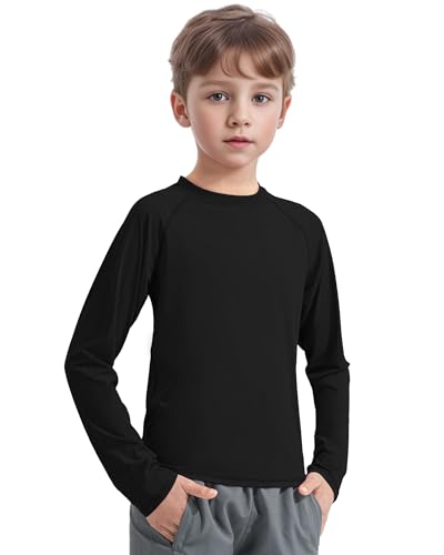 KEREDA Rash Guard for Boys Long Sleeve UV Sun Protection Shirts UPF 50+ Quick Dry Swiming Fishing Shirt Black 8-9Y