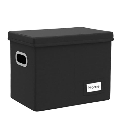 PRANDOM File Organizer Box - Set of 1 Collapsible Decorative Linen Filing Storage Hanging File Folders with Lids Office Cabinet Letter Size Black (14x9.3x10.8 inch)