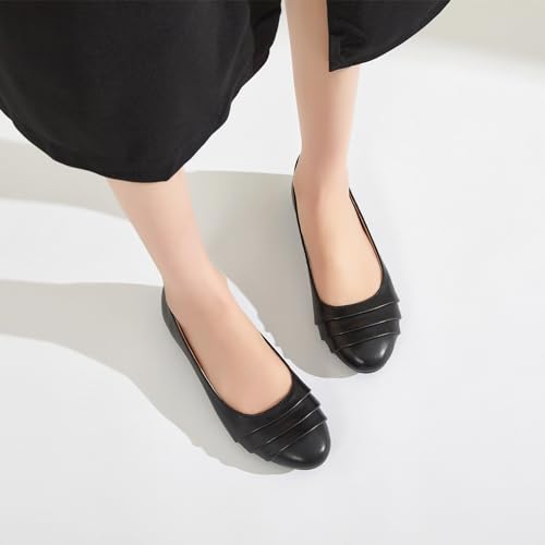 Shupua Flats for Women Dressy Comfortable Flats Shoes Womens Black Flats Leather Work Ballet Flats Round Toe Dress Shoes(Black.us5)