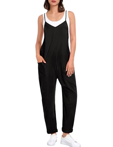 SWOMOG Women's Causal Jumpsuits V Neck Sleeveless Harem Overalls Stretchy Adjustable Strap Romper with Pockets Khaki Small