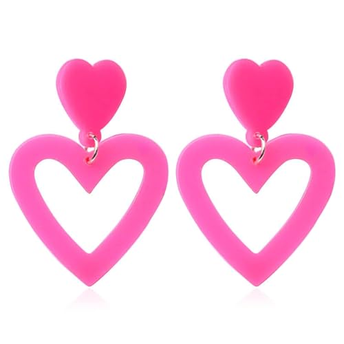Pink Heart Dangle Earrings for Women, Vibrant Pink Party Earrings Cute Acrylic Love Heart Stud Earrings Valentine's Day Earrings Gift for Lover Wife (Corol)