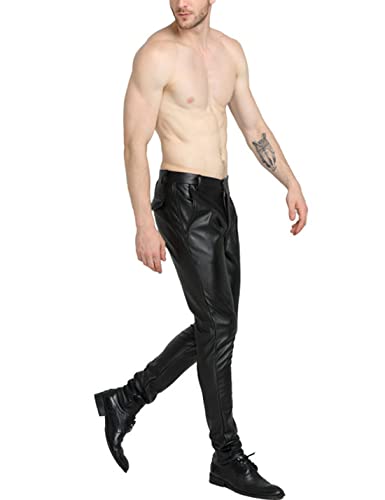 Yeokou Men's Skinny Straight Leg Tapered Pu Faux Leather Motorcycle Biker Pants (28, Black)