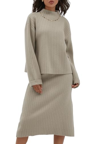 CHYRII Womens Fashion Two Piece Outfits Mock Neck Oversized Sweater Tops Skirt Sets Sweater Dress Lounge Sets Beige XS