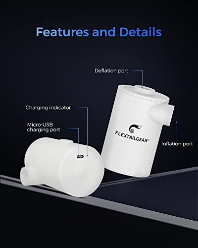 FLEXTAILGEAR MAX Pump 2020 Portable Air Pump with 3600mAH Battery USB Rechargeable Air Pump-Quick Inflate Deflate for Sleeping Pads, Air Mattress, Pool Toys, Floats, Swimming Ring, Air Bed (White)