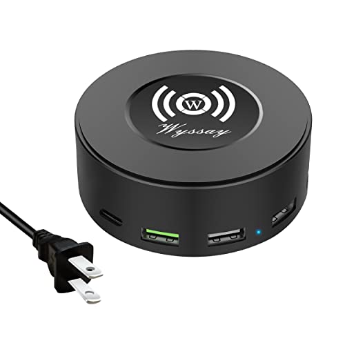 Wyssay 75W 6-Port Desktop Charging Station With Wireless Charger - Type-C, Quick Charge 3.0, 4 USB Ports - Multi Charger Hub for Smartphones and More (Black)