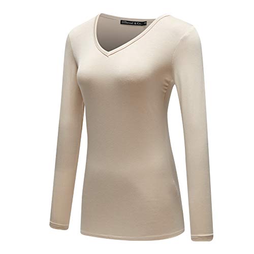 OThread & Co. Women's Long Sleeve T-Shirt V-Neck Basic Layer Stretchy Shirts (Medium, Pink)