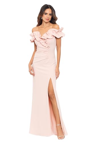 Xscape Women's Long Stretch Scuba Crepe Ruffle Collar Ruched Dress, Blush