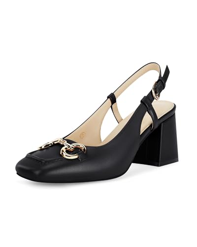 Coutgo Women's Slingback Chunky Block Heels Pumps Square Toe Metal Buckle Party Dress Work Shoes, Beige, Size 10