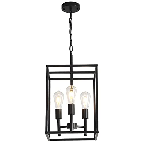 XILICON Black Classic Foyer Chandelier 3 Light Farmhouse Pendant Lighting Chandelier Light Fixtures Ceiling Hanging with Square Cage Shades Fixtures for Kitchen Dining Room Entryway