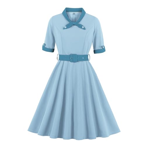 Peter Pan Collar Dress for Women - Bow Tie Neck Doll Collar Short Puff Sleeve 1950s Retro Vintage Cocktail Party Swing Dress with Polka Dot Pattern - Yellow Bowknot