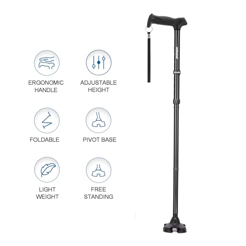 REHAND Walking Cane for Men & Women - Foldable, Adjustable, Lightweight, Self Standing Pivot Walking Cane, Soft Handle Grip, with Travel Bag, Walking Sticks for Seniors & Adults (Black)