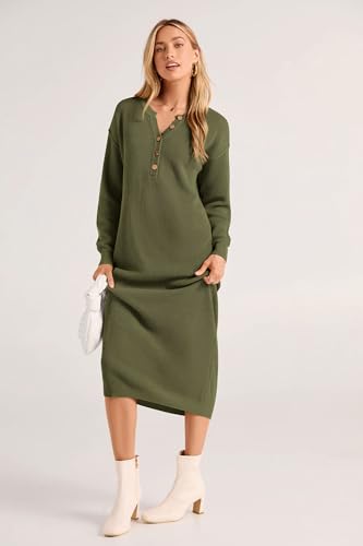PRETTYGARDEN Women's 2024 Fall Knit Sweater Dress Long Sleeve Button V Neck Loose Casual Maxi Dresses (Army Green,Small)