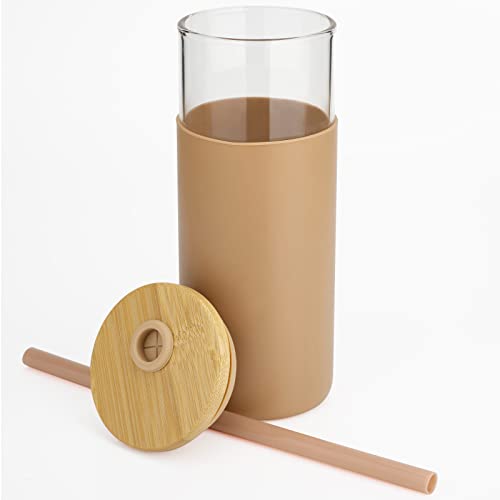 Tronco 20 oz Glass Tumbler Glass Water Bottle Straw Silicone Protective Sleeve Bamboo Lid - BPA Free -Cape Cod Blue