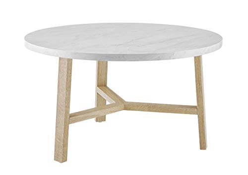 Walker Edison Mid Century Modern Round Coffee Table Living Room Accent Ottoman Storage Shelf, 30 Inch, Marble and Acorn