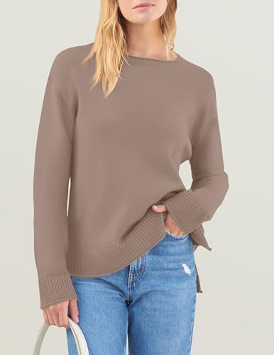 ZESICA Women's 2024 Fall Long Sleeve Crew Neck Soft Knit Side Slit Comfy Loose Pullover Sweater Jumper Tops,Nutmeg,Medium
