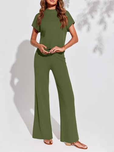 Imily Bela Women's 2 Piece Outfits Sweater Knit Sets Mock Neck Short Sleeve Tops Wide Leg Pants Casual Tracksuit