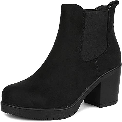 DREAM PAIRS Women's High Chunky Heel Chelsea Ankle Boots Slip On Elastic Fall Heeld Booties Shoes, Size 11, Black, FRE
