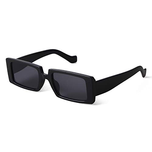 ADE WU Rectangle Sunglasses for Women Men, Black Narrow Square Frame Chunky Temple Sun Glasses