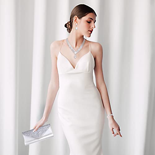 Tiamon 4 Pcs Rhinestone Jewelry Sets for Women Formal Prom Jewelry Earrings Necklace Bracelet Silver Clutch Purses Bag for Evening Wedding Party Christmas Jewelry Gift (Bling Style)
