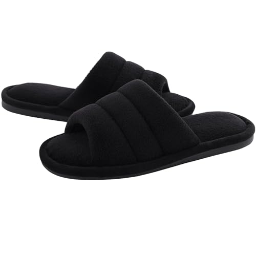 shevalues Terry Cloth Open Toe Slippers for Women Memory Foam Slip On House Slippers, Black 250, 6-7 Women/4.5-5.5 Men